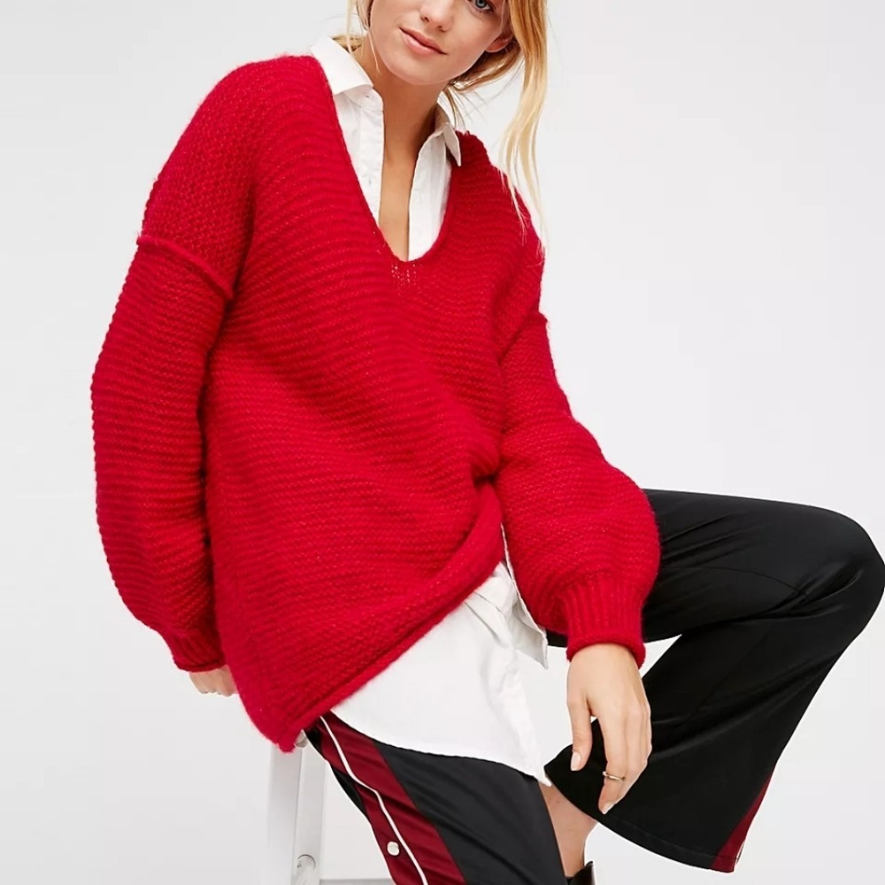 Free People All Mine Jumper Alpaca Sweater V-Neck Pullover Red Oversized Sz S